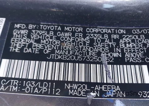 2007 Toyota Prius from USA, damaged, VIN JTDKB20U573250652